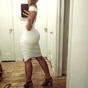 Bailey 44 White ruched off the shoulder dress